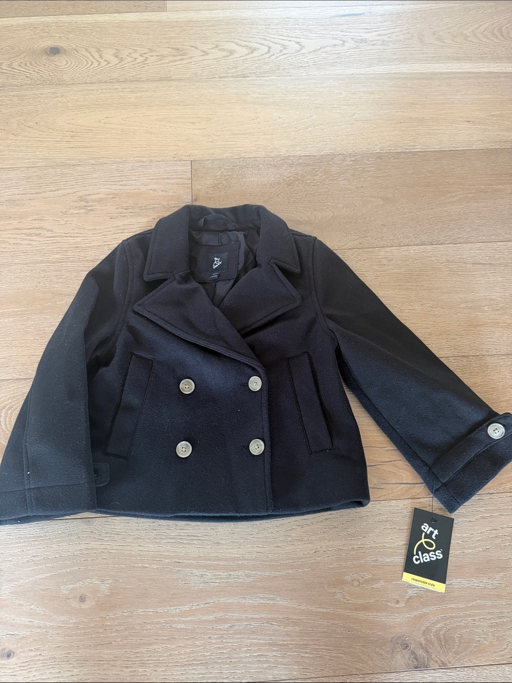 art class Black Double-Breasted Pea Coat for Kids